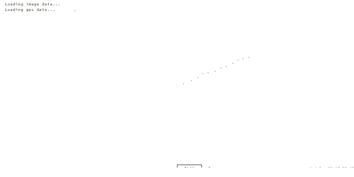 Animated GIF: a side-by-side comparison, original 2004 QuickTime on the left, the recreation on the right. Both panels show 500 by 500 white viewports with red ring markers, brown crosshairs, and translucent photographs blooming at GPS positions. The two panels show similar but visibly different content — different photos in the dominant position, the trail markers offset, the timing labels several minutes apart.