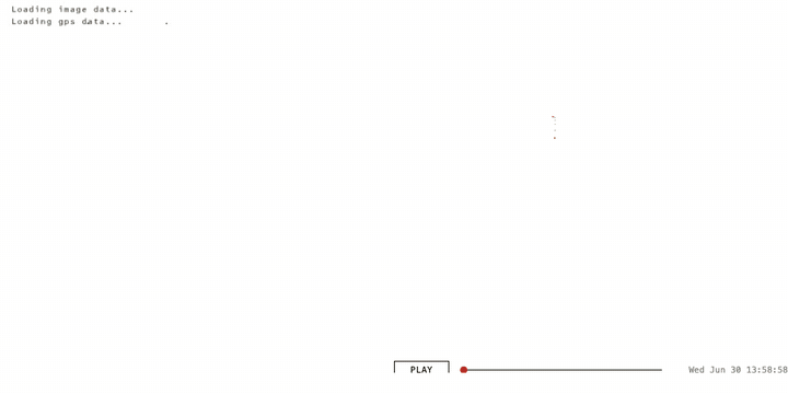 Animated GIF: the synced final comparison. Left panel is the original 2004 QuickTime, right panel is the 2026 recreation. Both show identical content frame by frame: the same photo subjects in the dominant position, the same trail of red ring markers and brown hour crosshairs, the same camera position, the same displayed time and coordinates.